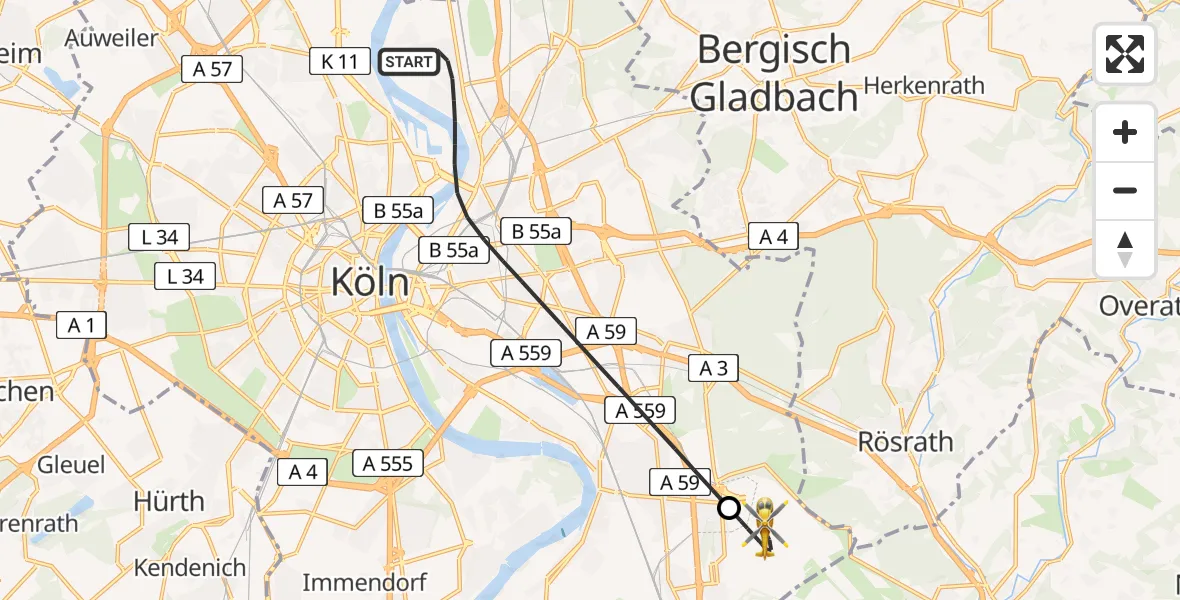 Flugroute Ambulanzhubschrauber Köln - Köln Bonn Flughafen, 22 April 2026, 20:15