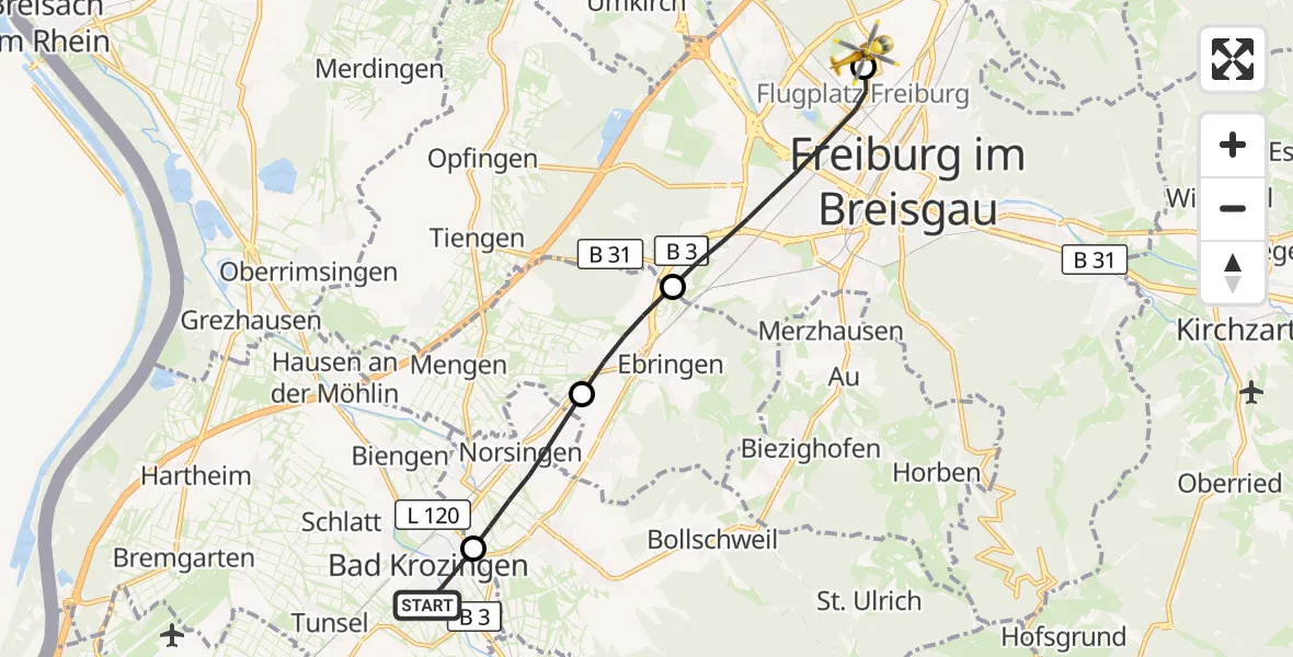 Flugroute Rettungshubschrauber Bad Krozingen - Freiburg im Breisgau Flugplatz, 22 April 2026, 20:16