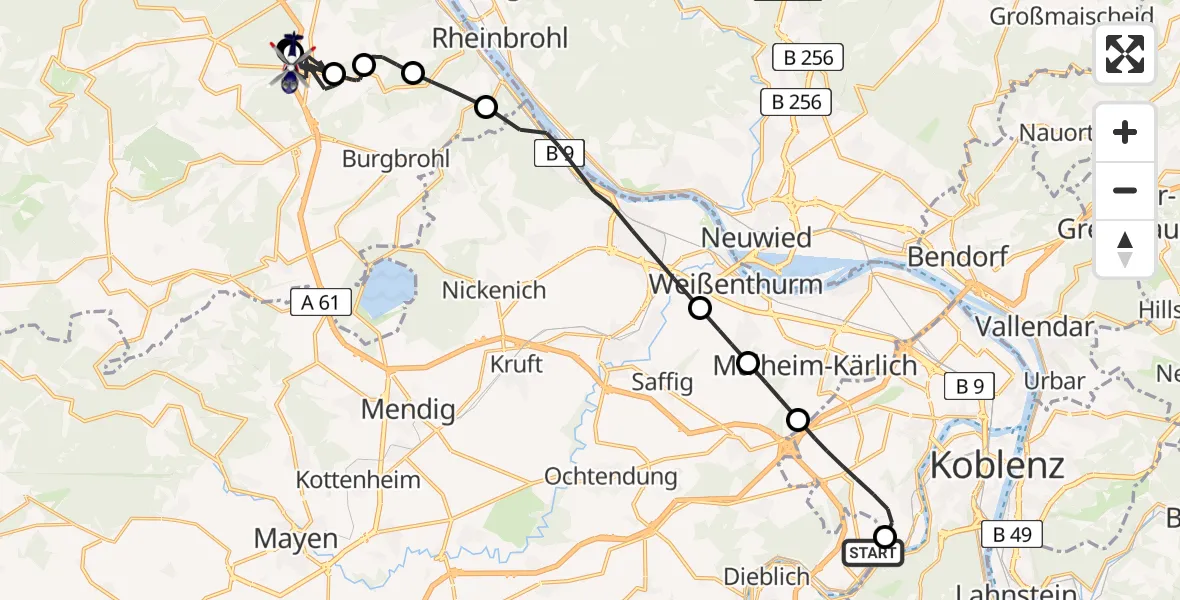 Flugroute Polizeihubschrauber Koblenz-Winningen Flugplatz - Waldorf, 22 April 2026, 20:35