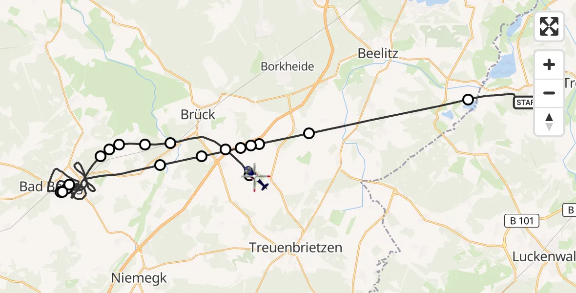 Flugroute Polizeihubschrauber Trebbin - Mühlenfließ, 22 April 2026, 20:45