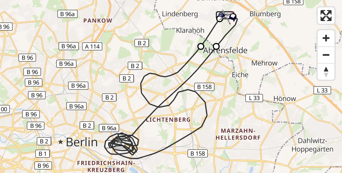 Flugroute Polizeihubschrauber Ahrensfelde Hubschrauberlandeplatz - Ahrensfelde Hubschrauberlandeplatz, 22 April 2026, 20:59