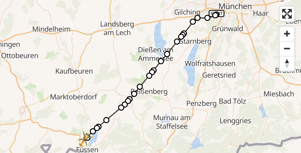 Flugroute Rettungshubschrauber DRF Air Rescue München Hubschrauberlandeplatz - Füssen, 22 April 2026, 21:15