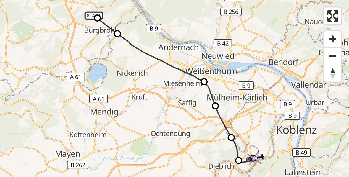 Flugroute Polizeihubschrauber Gönnersdorf - Koblenz-Winningen Flugplatz, 22 April 2026, 21:40