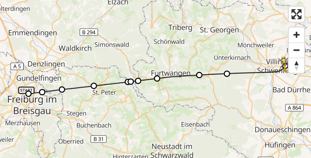 Flugroute Rettungshubschrauber Freiburg im Breisgau Flugplatz - DRF Air Rescue Station Villingen-Schwenningen Hubschrauberlandeplatz (Christoph 11), 22 April 2026, 21:43