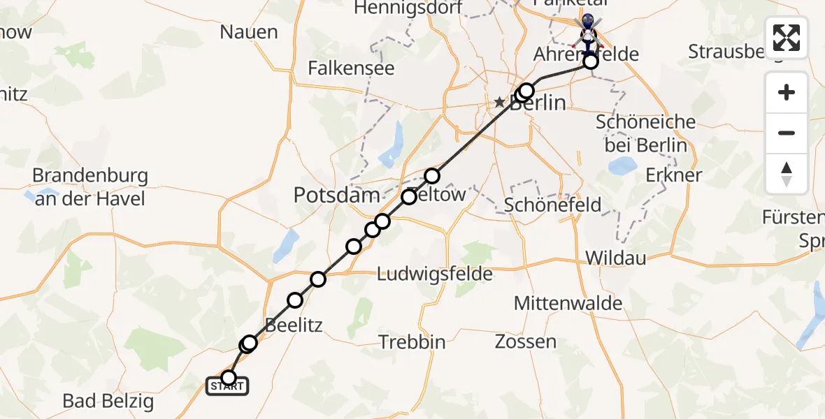 Flugroute Polizeihubschrauber Mühlenfließ - Ahrensfelde Hubschrauberlandeplatz, 22 April 2026, 21:46
