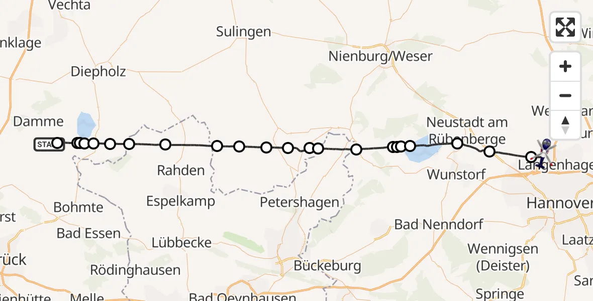 Flugroute Polizeihubschrauber Damme - Flughafen Hannover, 22 April 2026, 21:52