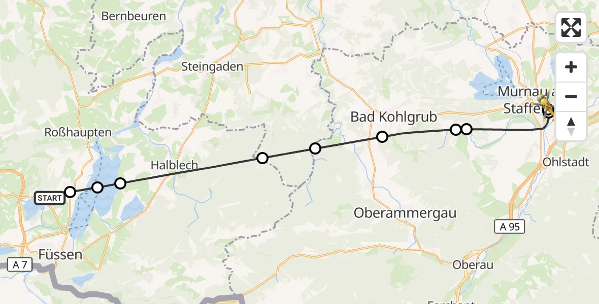 Flugroute Rettungshubschrauber Füssen - Murnau Accident Hospital, 22 April 2026, 22:01