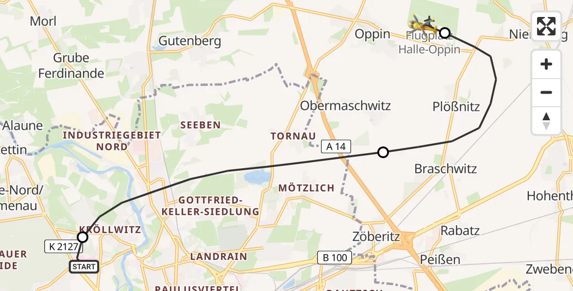 Flugroute Ambulanzhubschrauber Halle (Saale) University Hospital - Halle-Oppin Flugplatz, 22 April 2026, 22:45