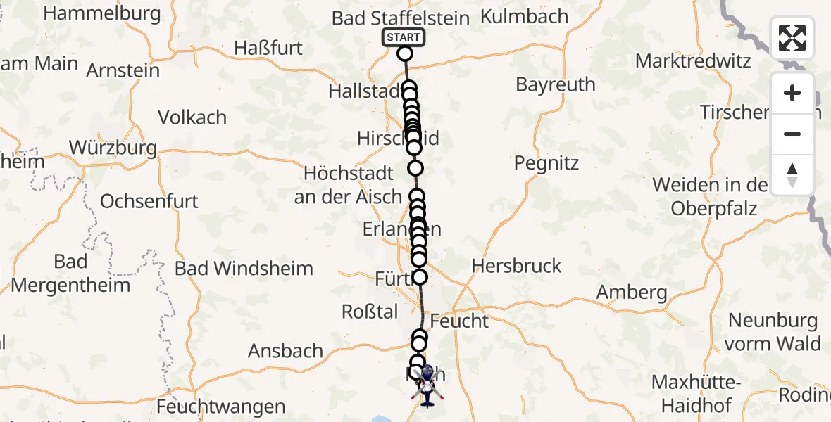 Flugroute Polizeihubschrauber Ebensfeld - Flugplatz Roth, 22 April 2026, 23:10