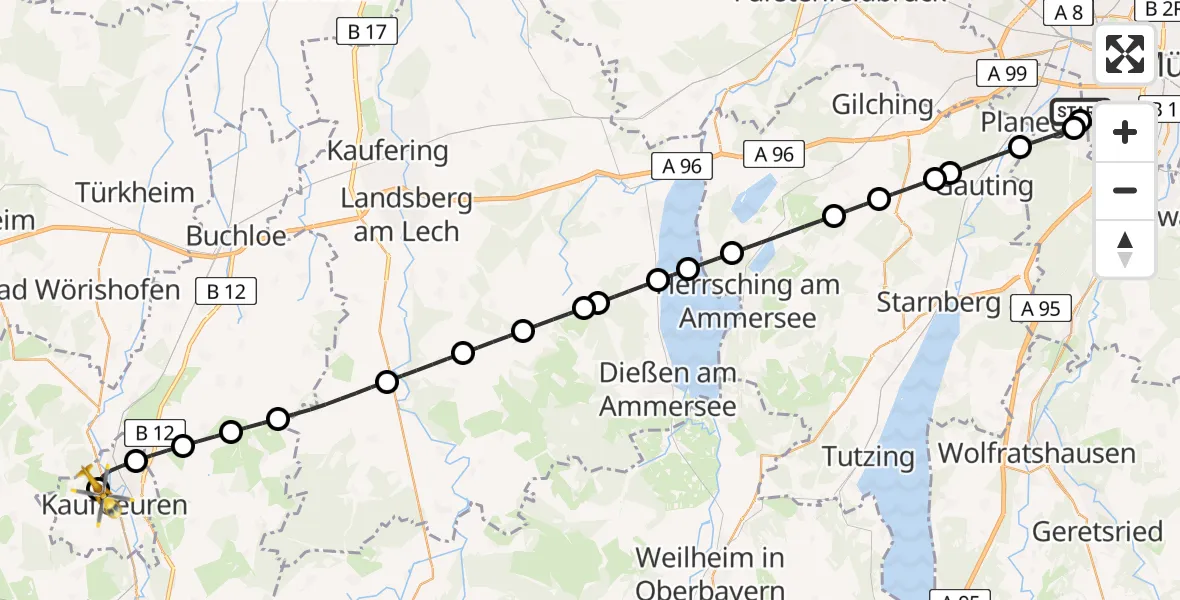 Flugroute Rettungshubschrauber DRF Air Rescue München Hubschrauberlandeplatz - Ostallgäu-Kaufbeuren Hospital, 23 April 2026, 00:01