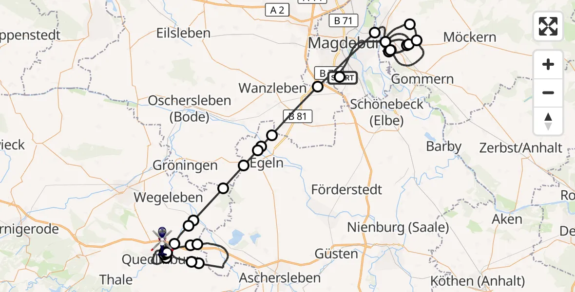 Flugroute Polizeihubschrauber Magdeburg City Flugplatz - Quedlinburg, 23 April 2026, 00:22