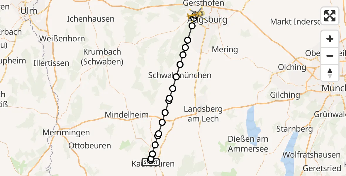 Flugroute Rettungshubschrauber Ostallgäu-Kaufbeuren Hospital - Augsburg University Hospital, 23 April 2026, 00:58