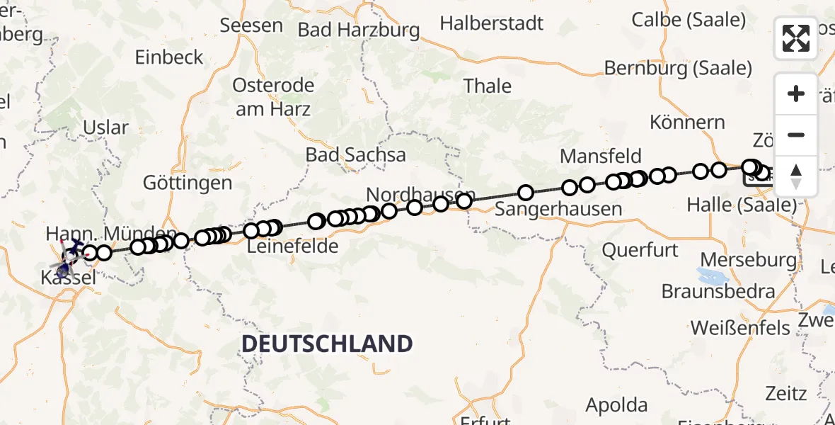 Flugroute Polizeihubschrauber Halle-Oppin Flugplatz - Fuldatal Bundespolizei Hubschrauberlandeplatz, 23 April 2026, 01:53
