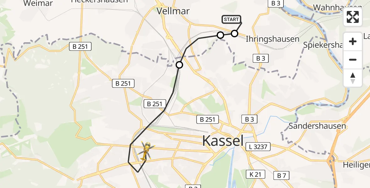 Flugroute Rettungshubschrauber Fuldatal Bundespolizei Hubschrauberlandeplatz - Kassel, 23 April 2026, 05:05