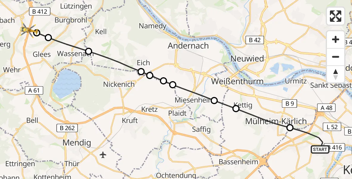Flugroute Rettungshubschrauber Koblenz - Niederzissen, 23 April 2026, 05:10