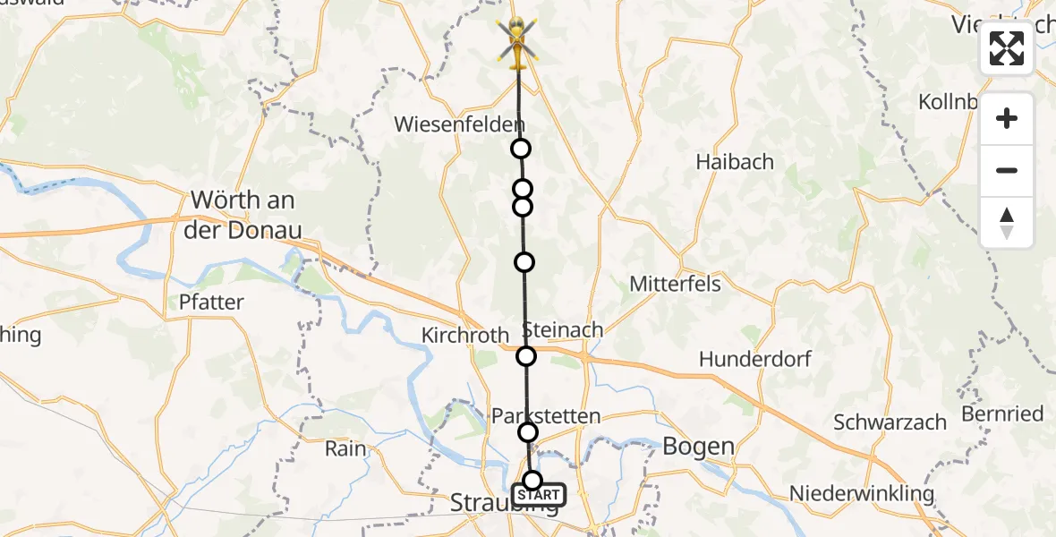 Flugroute Rettungshubschrauber Sankt Elisabeth Hospital Straubing - Wiesenfelden, 23 April 2026, 05:17