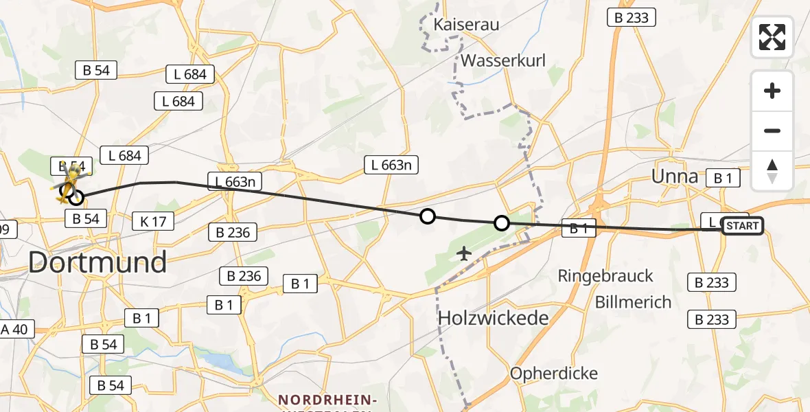 Flugroute Rettungshubschrauber Unna - Dortmund Hospital North, 23 April 2026, 05:38