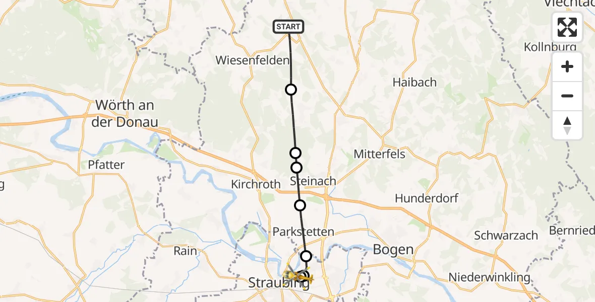 Flugroute Rettungshubschrauber Wiesenfelden - Sankt Elisabeth Hospital Straubing, 23 April 2026, 05:41