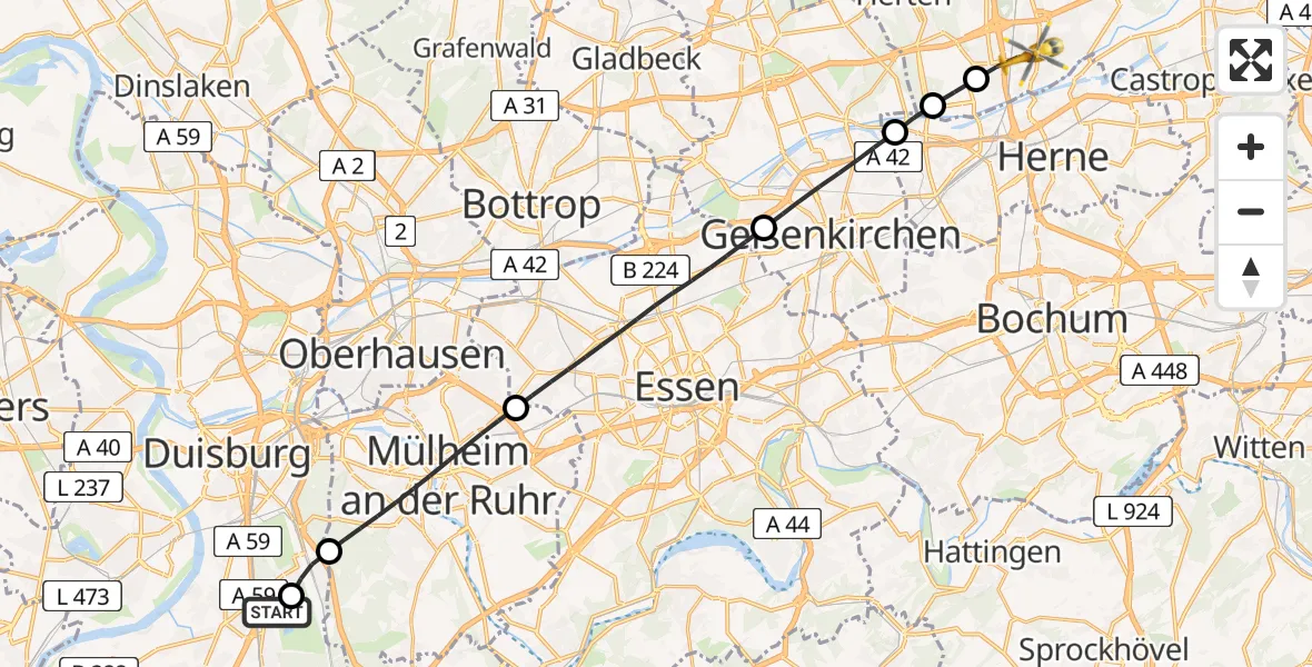 Flugroute Rettungshubschrauber Duisburg Air Rescue Hubschrauberlandeplatz (Christoph 9) - Recklinghausen, 23 April 2026, 05:41