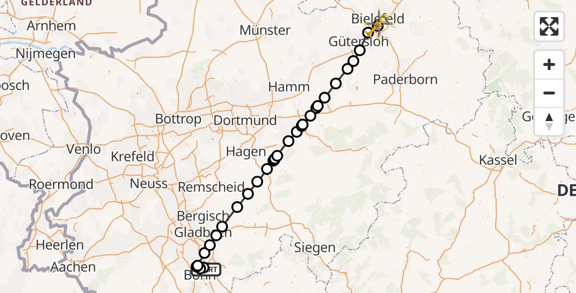 Flugroute Rettungshubschrauber Sankt Augustin - Luftrettungszentrum Bielefeld, 23 April 2026, 05:41