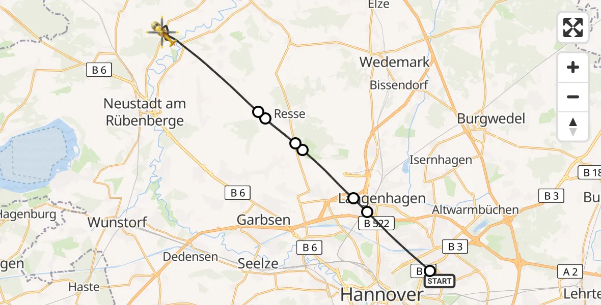 Flugroute Rettungshubschrauber Hannover Luftrettung Hubschrauberlandeplatz (Christoph 4) - Neustadt am Rübenberge, 23 April 2026, 06:26
