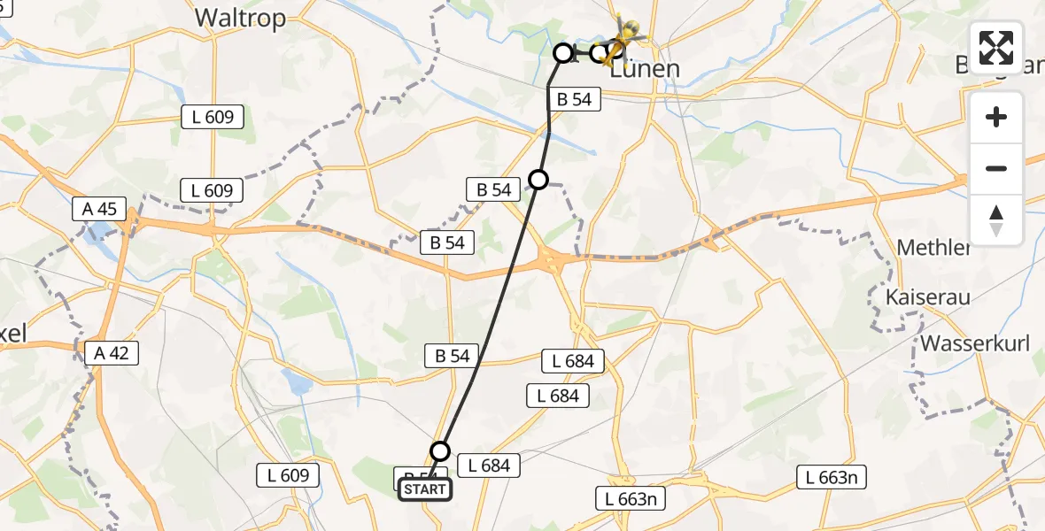 Flugroute Rettungshubschrauber Dortmund Hospital North - Sankt Marien Hospital, 23 April 2026, 06:27