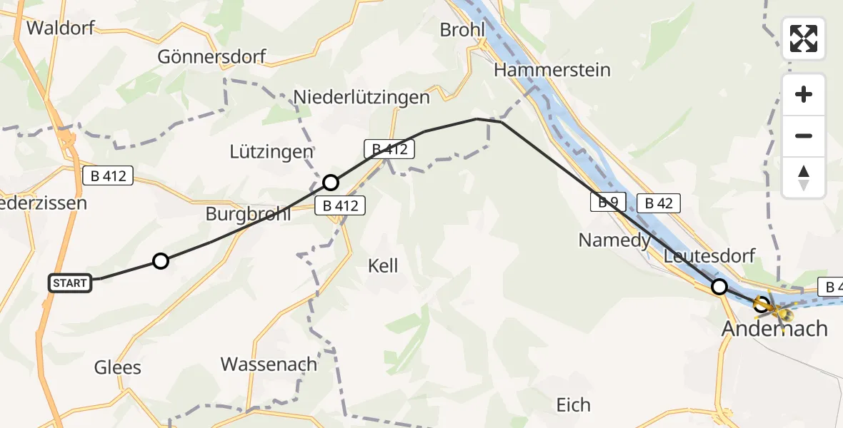 Flugroute Rettungshubschrauber Niederzissen - Sankt-Nikolaus Diocesan Hospital, 23 April 2026, 06:31