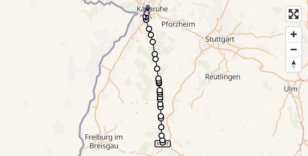 Flugroute Polizeihubschrauber Donaueschingen-Villingen Flugplatz - Rheinstetten Gleiter Flugfeld, 23 April 2026, 06:47