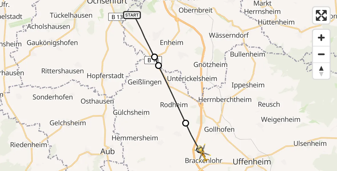 Flugroute Rettungshubschrauber Marktbreit - Uffenheim, 23 April 2026, 06:51