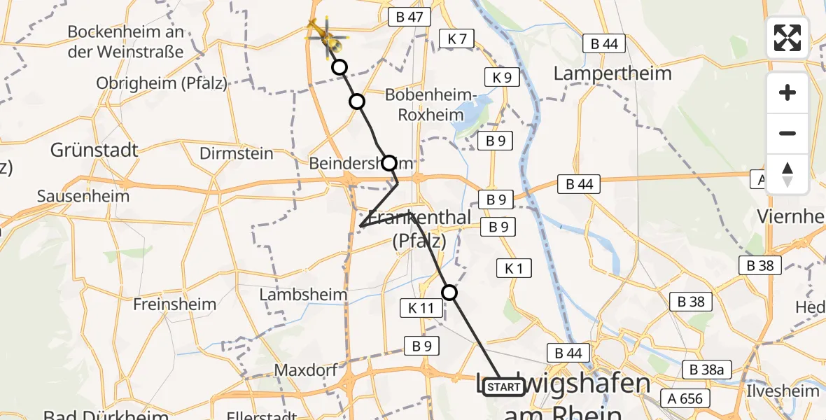 Flugroute Rettungshubschrauber Ludwigshafen am Rhein - Worms, 23 April 2026, 06:53