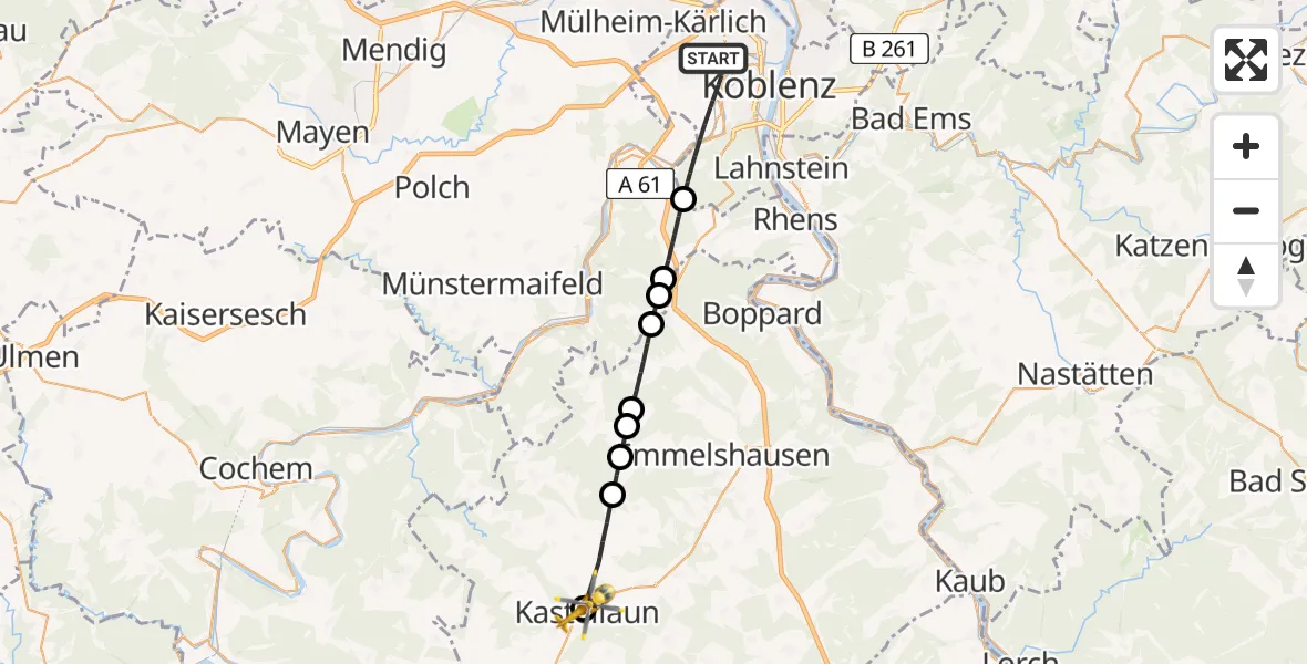 Flugroute Rettungshubschrauber Koblenz - Kastellaun, 23 April 2026, 07:05