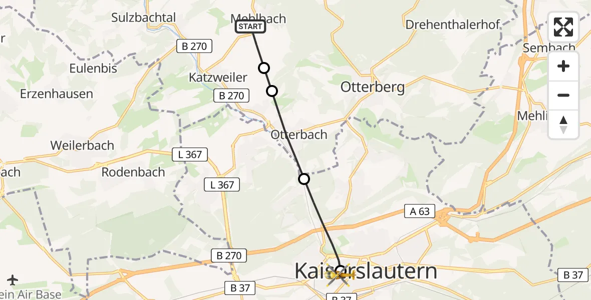 Flugroute Rettungshubschrauber Mehlbach - Westpfalz Hospital Kaiserslautern, 23 April 2026, 07:06