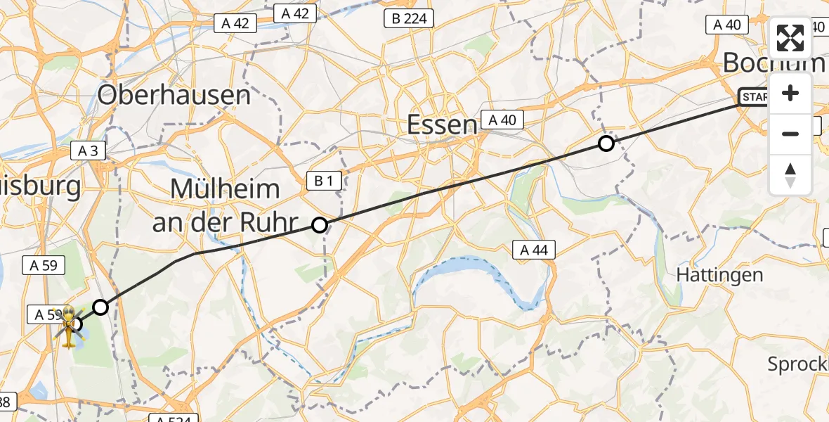 Flugroute Rettungshubschrauber Bochum - Duisburg Air Rescue Hubschrauberlandeplatz (Christoph 9), 23 April 2026, 07:10