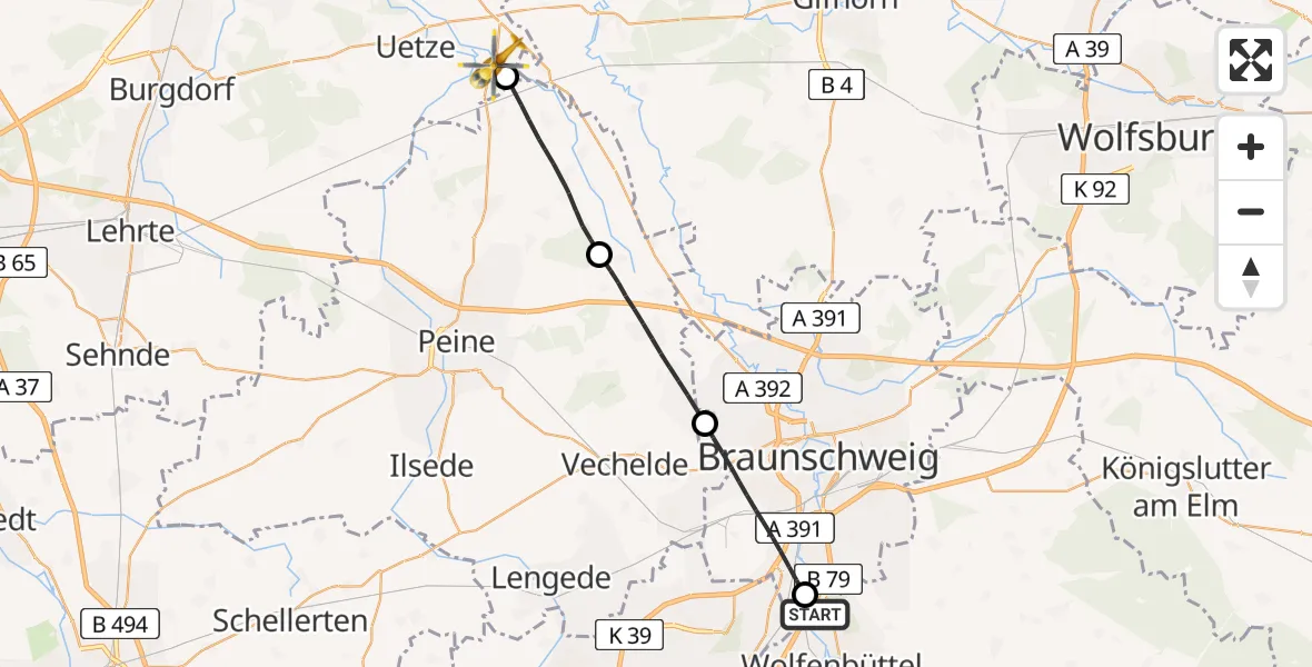 Flugroute Rettungshubschrauber Wolfenbüttel - Uetze, 23 April 2026, 07:14