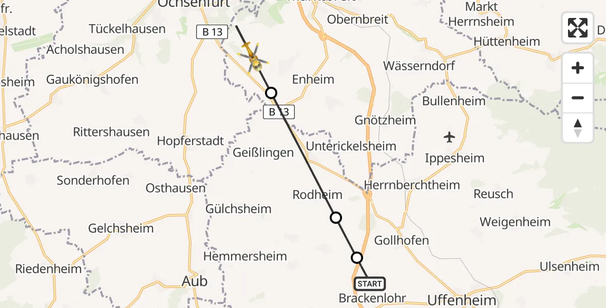 Flugroute Rettungshubschrauber Uffenheim - Marktbreit, 23 April 2026, 07:22