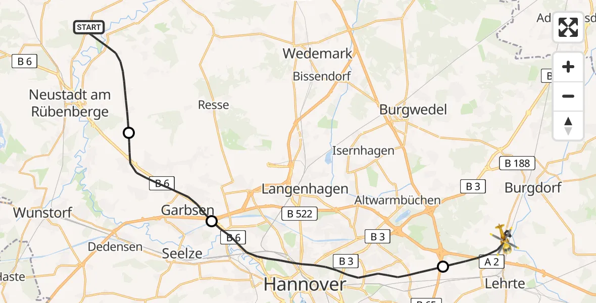 Flugroute Rettungshubschrauber Neustadt am Rübenberge - Lehrte, 23 April 2026, 07:24