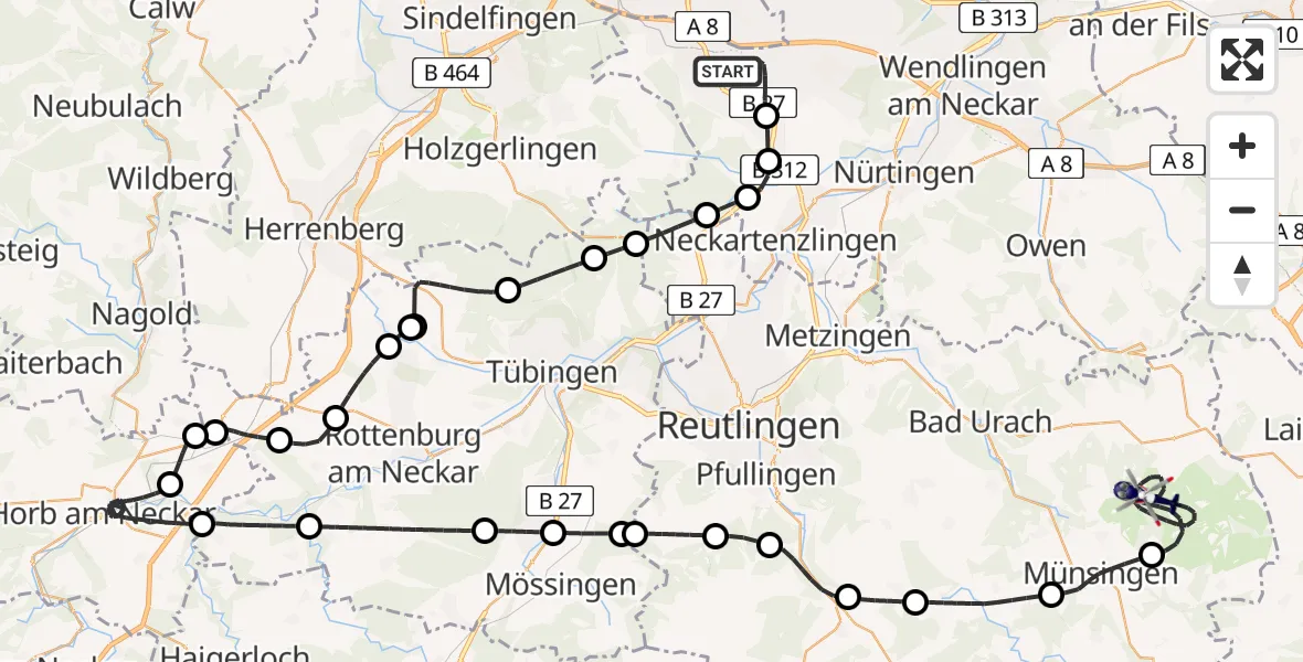 Flugroute Polizeihubschrauber Flughafen Stuttgart - Gutsbezirk Münsingen, 23 April 2026, 07:26
