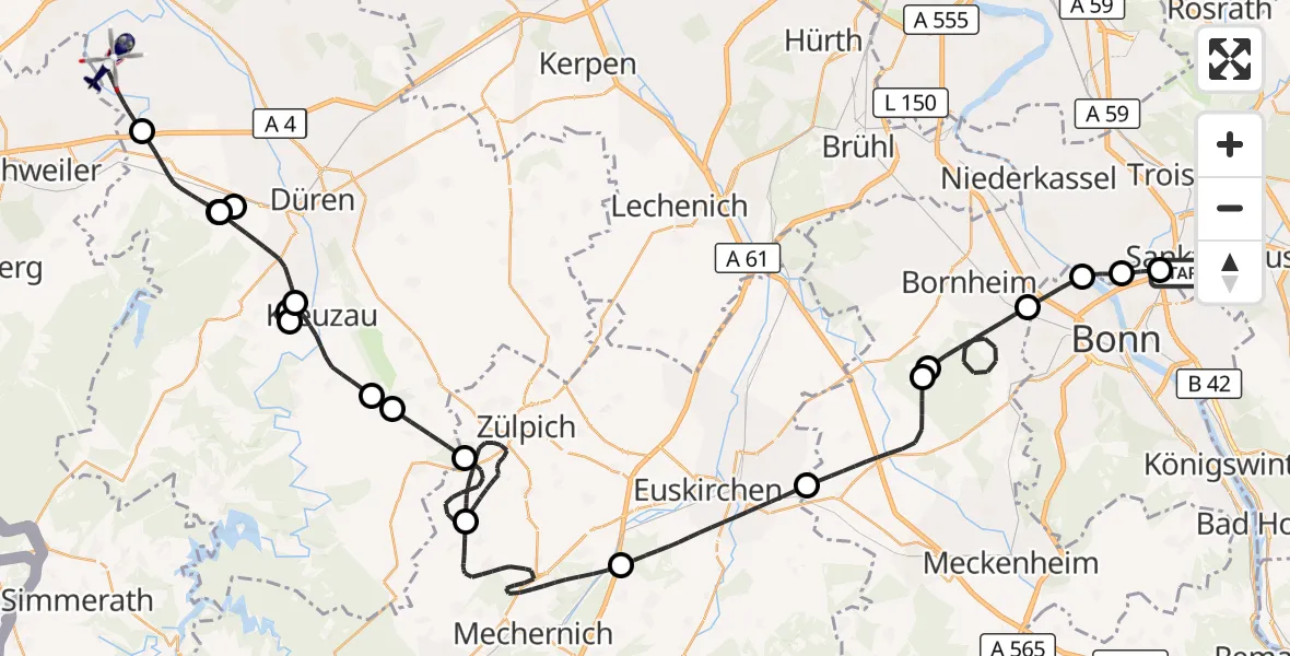 Flugroute Polizeihubschrauber Sankt Augustin - Inden, 23 April 2026, 07:32