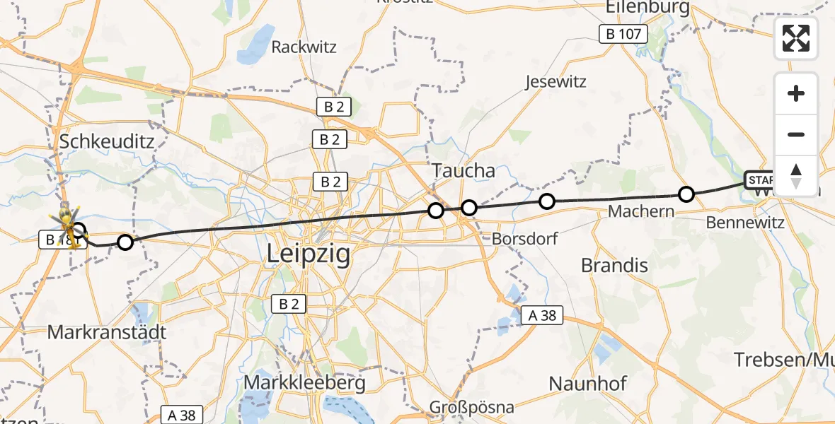 Flugroute Rettungshubschrauber Bennewitz - ADAC Air Rescue Station Leipzig/Schkeuditz-Dölzig Hubschrauberlandeplatz (Christoph 61), 23 April 2026, 07:35