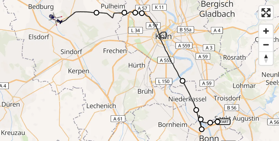 Flugroute Polizeihubschrauber Sankt Augustin - Bergheim, 23 April 2026, 07:37