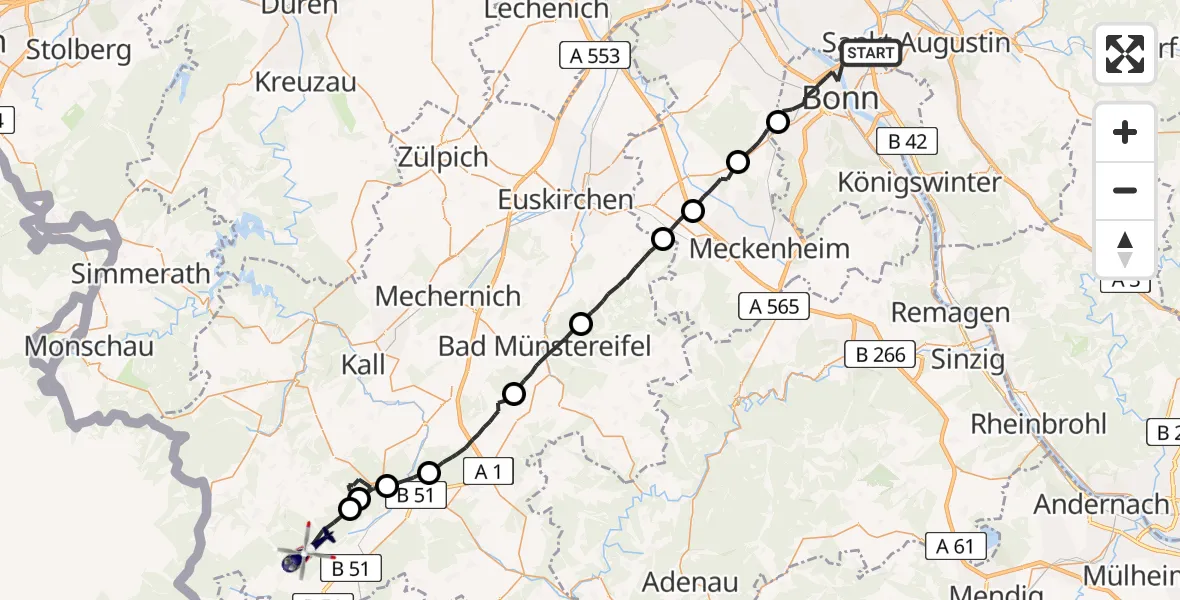 Flugroute Polizeihubschrauber Bonn - Dahlem, 23 April 2026, 07:42