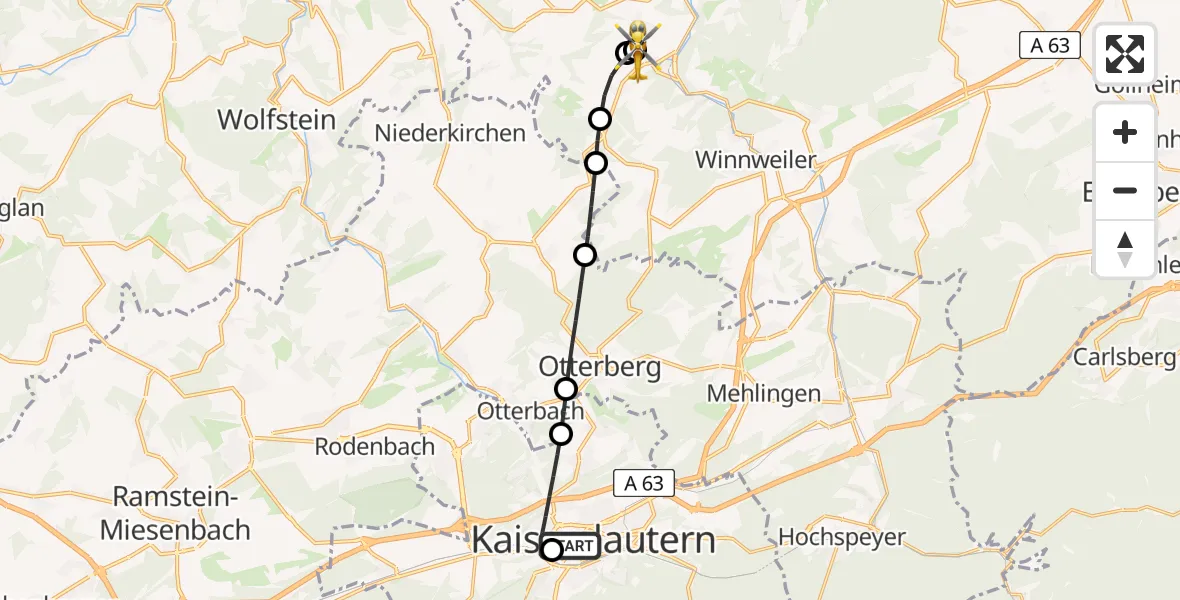 Flugroute Rettungshubschrauber Westpfalz Hospital Kaiserslautern - Imsweiler UL, 23 April 2026, 07:43