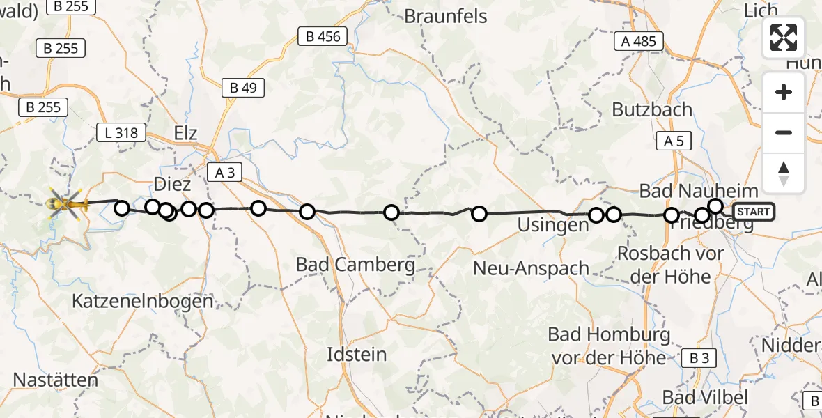 Flugroute Ambulanzhubschrauber Friedberg (Hessen) - Horhausen, 23 April 2026, 07:45