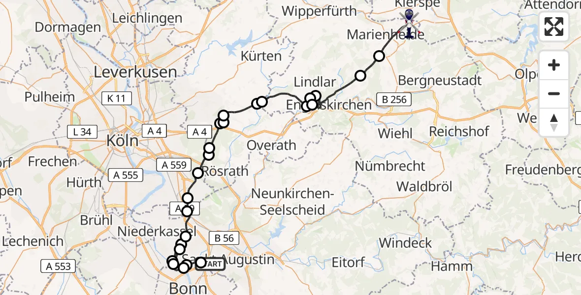 Flugroute Polizeihubschrauber Sankt Augustin - Marienheide, 23 April 2026, 07:46