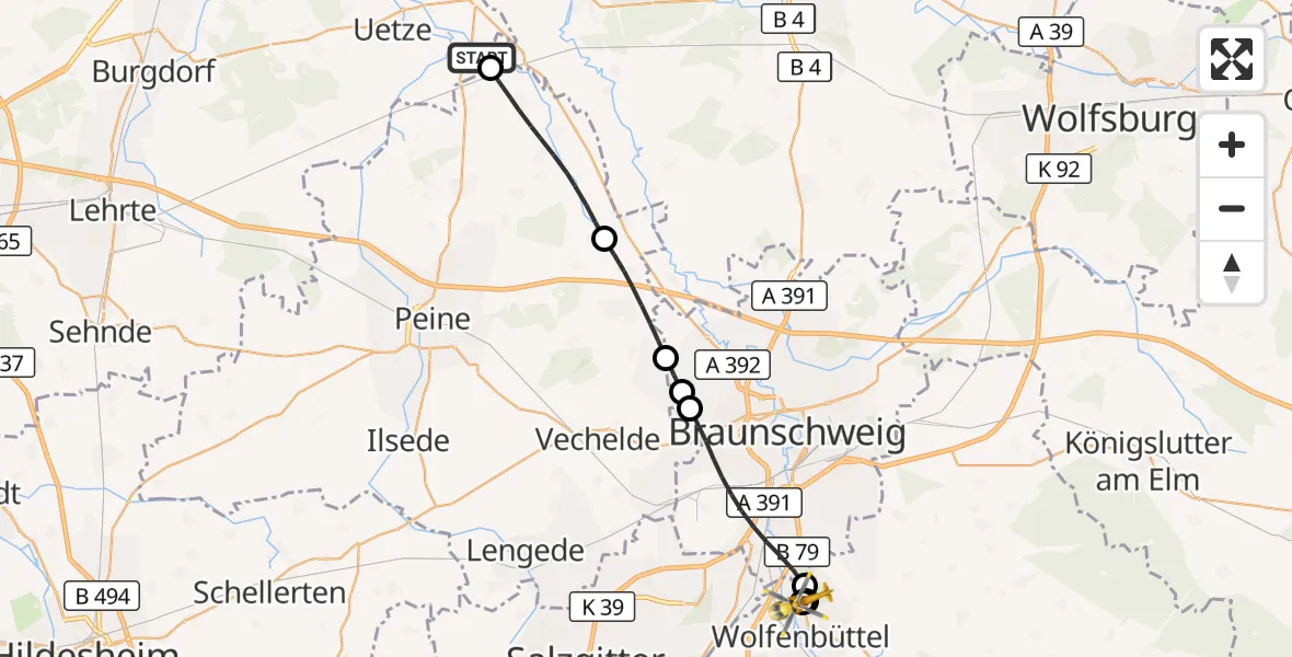 Flugroute Rettungshubschrauber Uetze - Wolfenbüttel Municipal Hospital Heliport (Christoph 30), 23 April 2026, 07:57