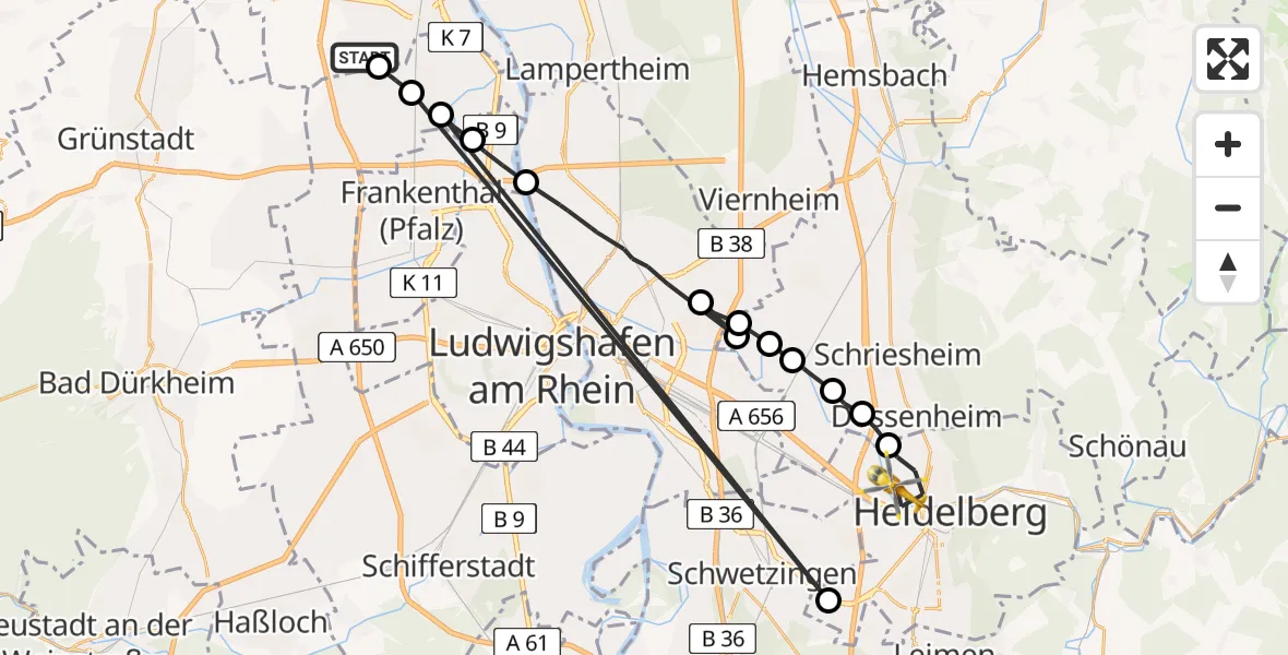 Flugroute Rettungshubschrauber Worms - Heidelberg, 23 April 2026, 07:58