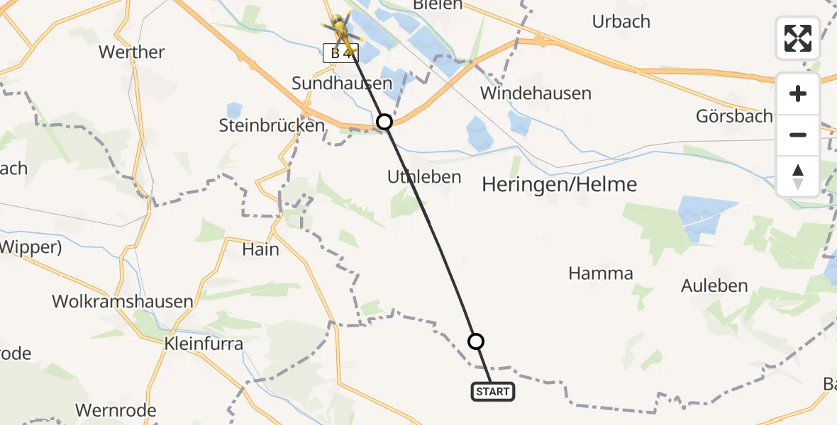 Flugroute Rettungshubschrauber Sondershausen - Nordhausen, 23 April 2026, 07:58