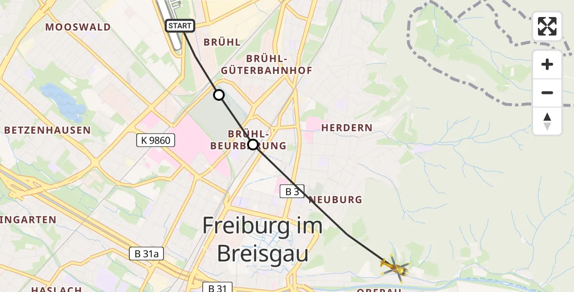 Flugroute Rettungshubschrauber Freiburg im Breisgau - Freiburg im Breisgau, 23 April 2026, 08:00