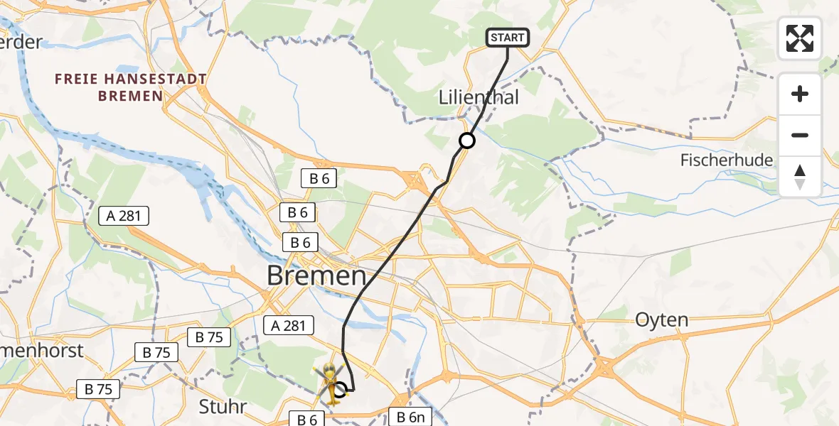 Flugroute Rettungshubschrauber Lilienthal - ADAC Air Rescue Station Bremen Hubschrauberlandeplatz (Christoph 6), 23 April 2026, 08:04