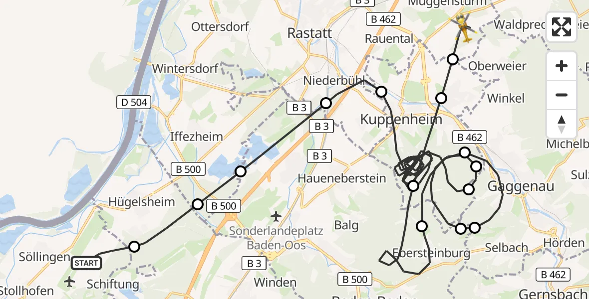 Flugroute Ambulanzhubschrauber Karlsruhe Baden-Baden Flughafen - Muggensturm, 23 April 2026, 08:05